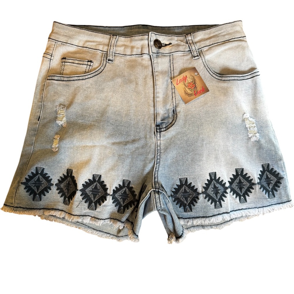 Crazy Train Light Blue Denim Shorts with Navy Aztec Embroidery